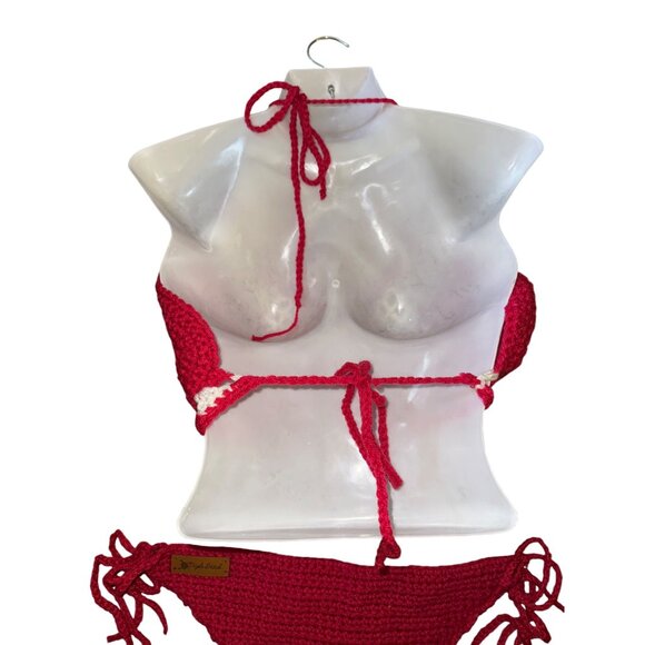 Handmade Crochet Bikini Set Pink & White Halter Top Knit Sexy Swimsuit Large Hot - Picture 4 of 7